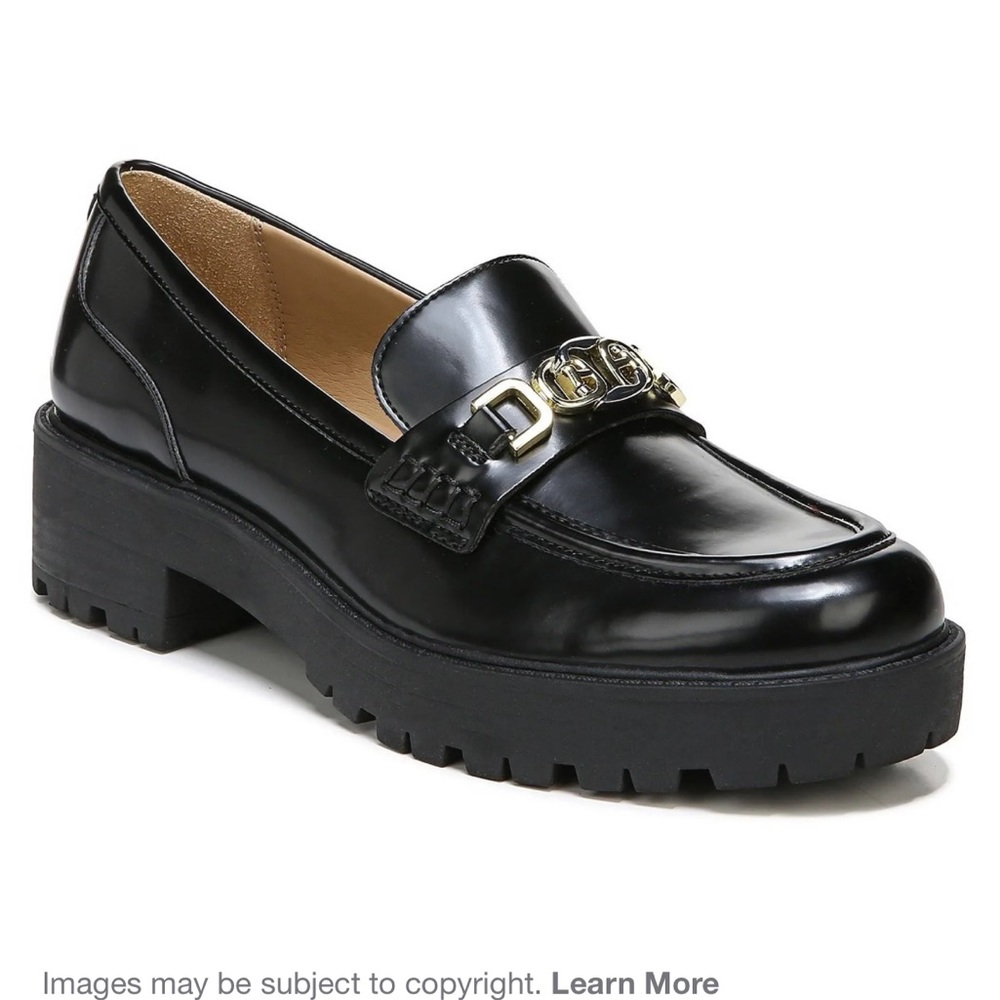 Sam Edelman Glossy Black Loafers with Gold Accent